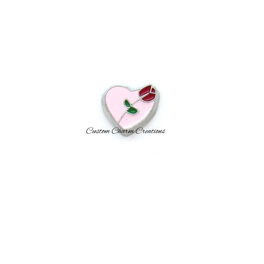 Pink Heart with Red Rose Floating Locket Charm - Custom Charm Creations