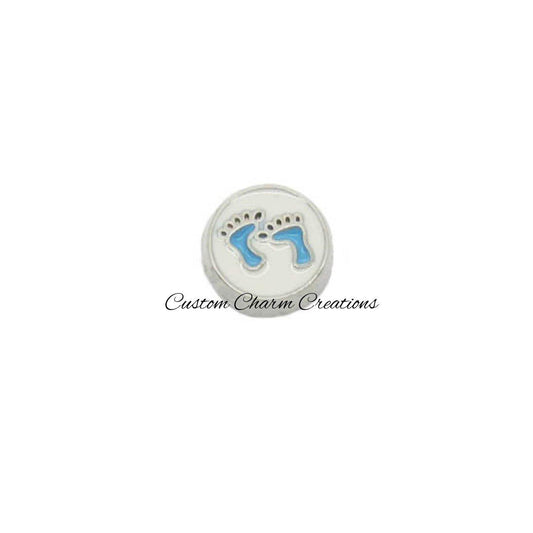 Blue Baby Footprints Round Floating Locket Charm - Custom Charm Creations